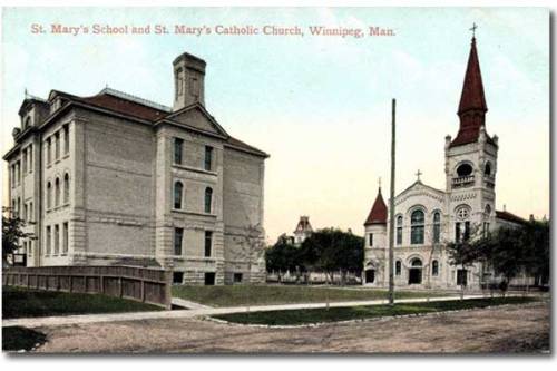 Tinted postcard view of St. Mary's School on the left and St. Mary's Cathedral on the right